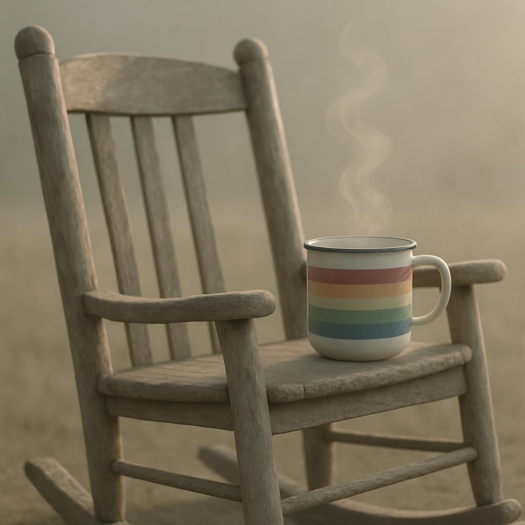 Image Description: A rocking chair with a coffee mug of a rainbow band on a stool, in front of an off-white distance backg...